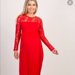 Maternity maxi dress red lace long sleeve
